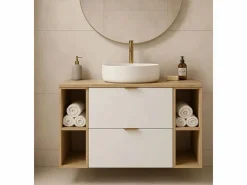 Conjunto para baño 100 cm Armario con encimera Estanterías Columna Roble Artisan / Orio Blanco