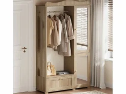 New Conjunto vestidor de entrada - 115,5x38,5x194,5 cm - con espejo y tendedero abierto - 1 cajón y 2 puertas - MDF - Color roble Armario De Entrada
