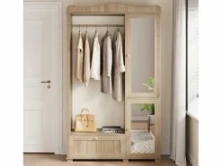 New Conjunto vestidor de entrada - 115,5x38,5x194,5 cm - con espejo y tendedero abierto - 1 cajón y 2 puertas - MDF - Color roble Armario De Entrada