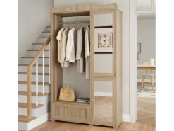 New Conjunto vestidor de entrada - 115,5x38,5x194,5 cm - con espejo y tendedero abierto - 1 cajón y 2 puertas - MDF - Color roble Armario De Entrada