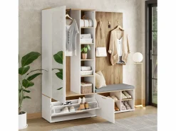 Sale Conjunto vestidor de entrada 160x38x180cm - con 3 puertas y compartimentos de almacenamiento - con espejo y mueble para zapatos - con gancho - Natural + Blanco Armario De Entrada