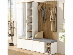 Sale Conjunto vestidor de entrada 160x38x180cm - con 3 puertas y compartimentos de almacenamiento - con espejo y mueble para zapatos - con gancho - Natural + Blanco Armario De Entrada