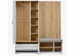 Sale Conjunto vestidor de entrada 160x38x180cm - con 3 puertas y compartimentos de almacenamiento - con espejo y mueble para zapatos - con gancho - Natural + Blanco Armario De Entrada
