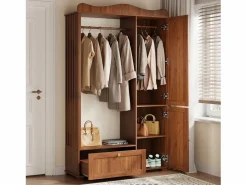 Best ModernLuxe Conjunto vestidor de entrada - 115,5x38,5x194,5 cm - con espejo y tendedero abierto - 1 cajón y 2 puertas - MDF - Color nogal Marru00f3n