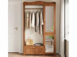Best ModernLuxe Conjunto vestidor de entrada - 115,5x38,5x194,5 cm - con espejo y tendedero abierto - 1 cajón y 2 puertas - MDF - Color nogal Marru00f3n