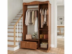 Best ModernLuxe Conjunto vestidor de entrada - 115,5x38,5x194,5 cm - con espejo y tendedero abierto - 1 cajón y 2 puertas - MDF - Color nogal Marru00f3n