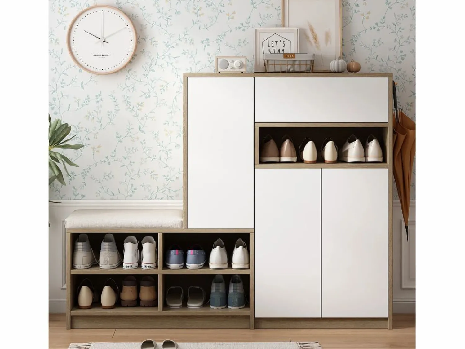 Merax Conjunto zapatero + banco zapatero con cojín - 140 x 35 x 110 cm - Tablero de partículas - Blanco
