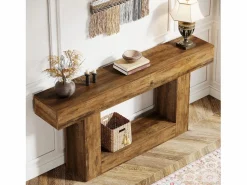 Clearance Consola de mesa de 160 cm de largo, mesa de entrada de dos niveles, mesita baja con espacio de almacenamiento Consola