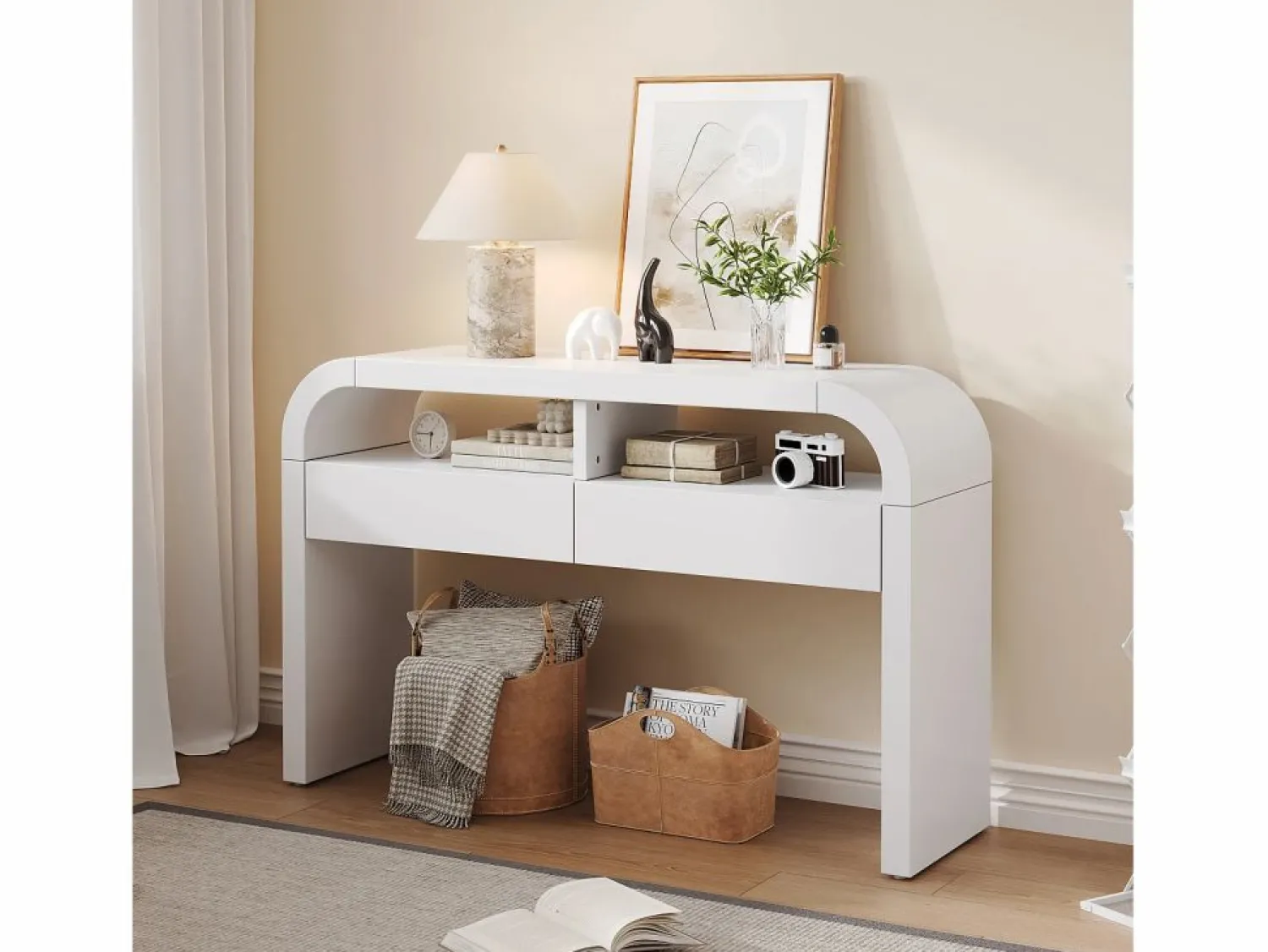 ModernLuxe Consola mesa 120x35,5x76,5cm - con 2 cajones - Esquinas redondeadas - estantes abiertos - MDF -