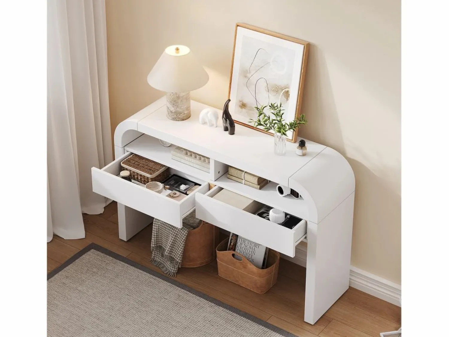 ModernLuxe Consola mesa 120x35,5x76,5cm - con 2 cajones - Esquinas redondeadas - estantes abiertos - MDF -