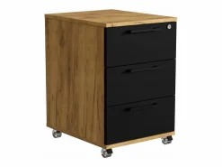 Contenedor móvil con cajones y ruedas de roble dorado Craft negro para oficina.