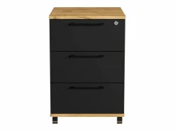 Contenedor móvil con cajones y ruedas de roble dorado Craft negro para oficina.