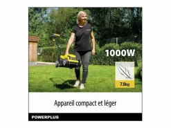 New Cortacésped eléctrico POWERPLUS 1000W, 32 cm, Cesto 30L, 3 alturas ajustables, Expulsión trasera, Compacto y ligero Amarillo