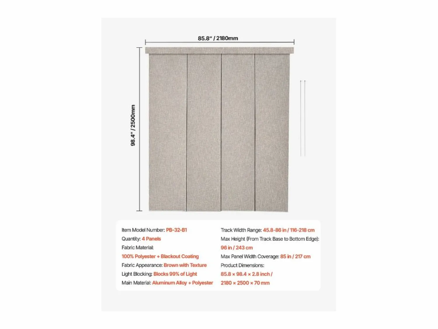 Online Cortina de Paneles SucceBuy Verticales en Carril 116-218 cm de Ancho, Paneles Japoneses Ajustables hasta 243 cm de Alto, Ideal para Puertas Correderas Marru00f3n