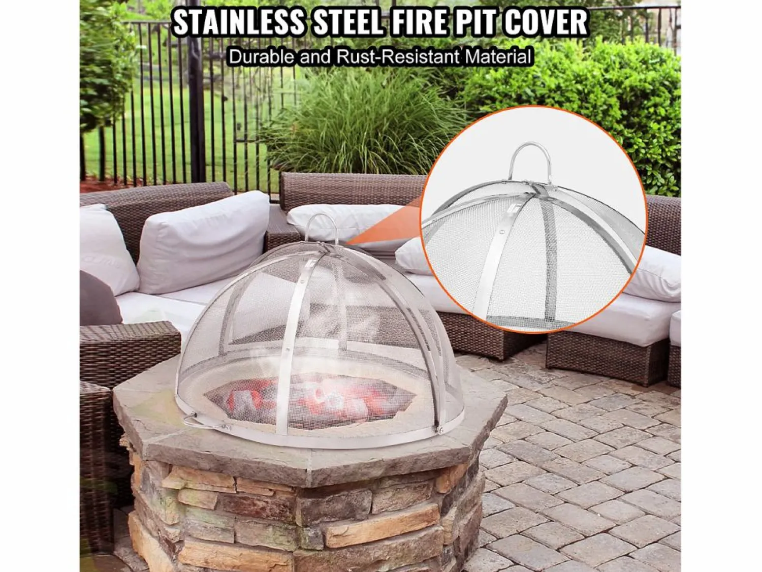 Outlet Cubierta SucceBuy de Protección Antichispas para Hogar Redondo de Leña de 76.2cm en Acero Inoxidable, Accesorios Redondos para Anillo de Hogar al Aire Libre Plateado