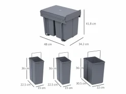 New Cubo de basura empotrable de 40L, sistema de clasificación con 3 compartimentos extraíbles, plástico, (48x34,2x41,8 cm) Gris
