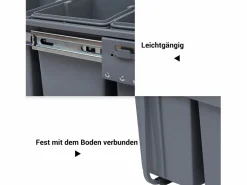 New Cubo de basura empotrable de 40L, sistema de clasificación con 3 compartimentos extraíbles, plástico, (48x34,2x41,8 cm) Gris