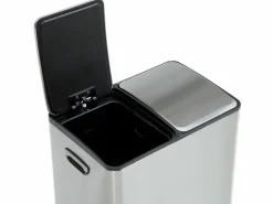 New Vente-unique Cubo de clasificación de basura con pedal en acero inoxidable, 2 compartimentos de 30L, Cromado, GANEM Plateado