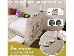 Merax Daybed - 90 x 200 cm + 90 x 190 cm - con cama nido - reposabrazos con USB + almacenaje - madera + algodón + metal -