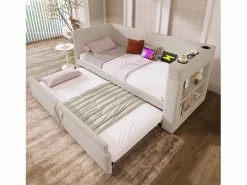 Merax Daybed - 90 x 200 cm + 90 x 190 cm - con cama nido - reposabrazos con USB + almacenaje - madera + algodón + metal -