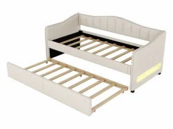 ModernLuxe Diván cama con LED 90x200cm + cama nido 90x190cm - tapizado en tela de lino - (colchón no incluido)