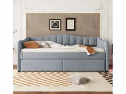 Sale ModernLuxe Diván cama con LED 90x200cm + cama nido 90x190cm - tapizado en tela de lino - (colchón no incluido) Gris
