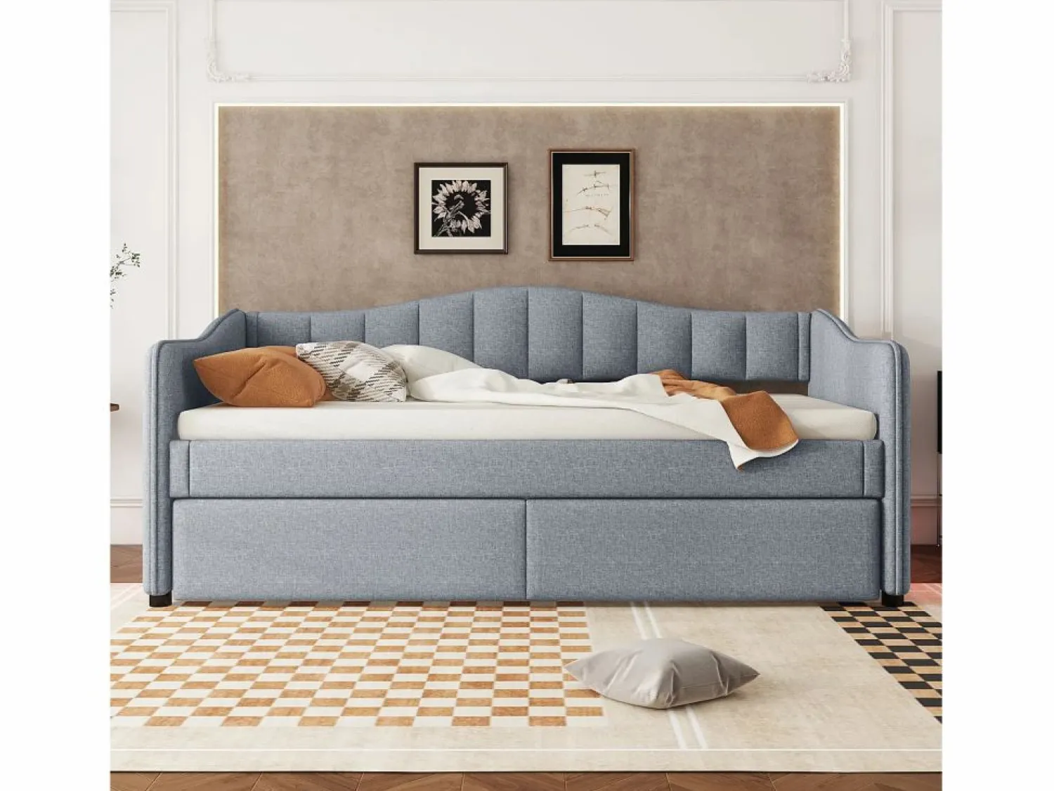 Sale ModernLuxe Diván cama con LED 90x200cm + cama nido 90x190cm - tapizado en tela de lino - (colchón no incluido) Gris
