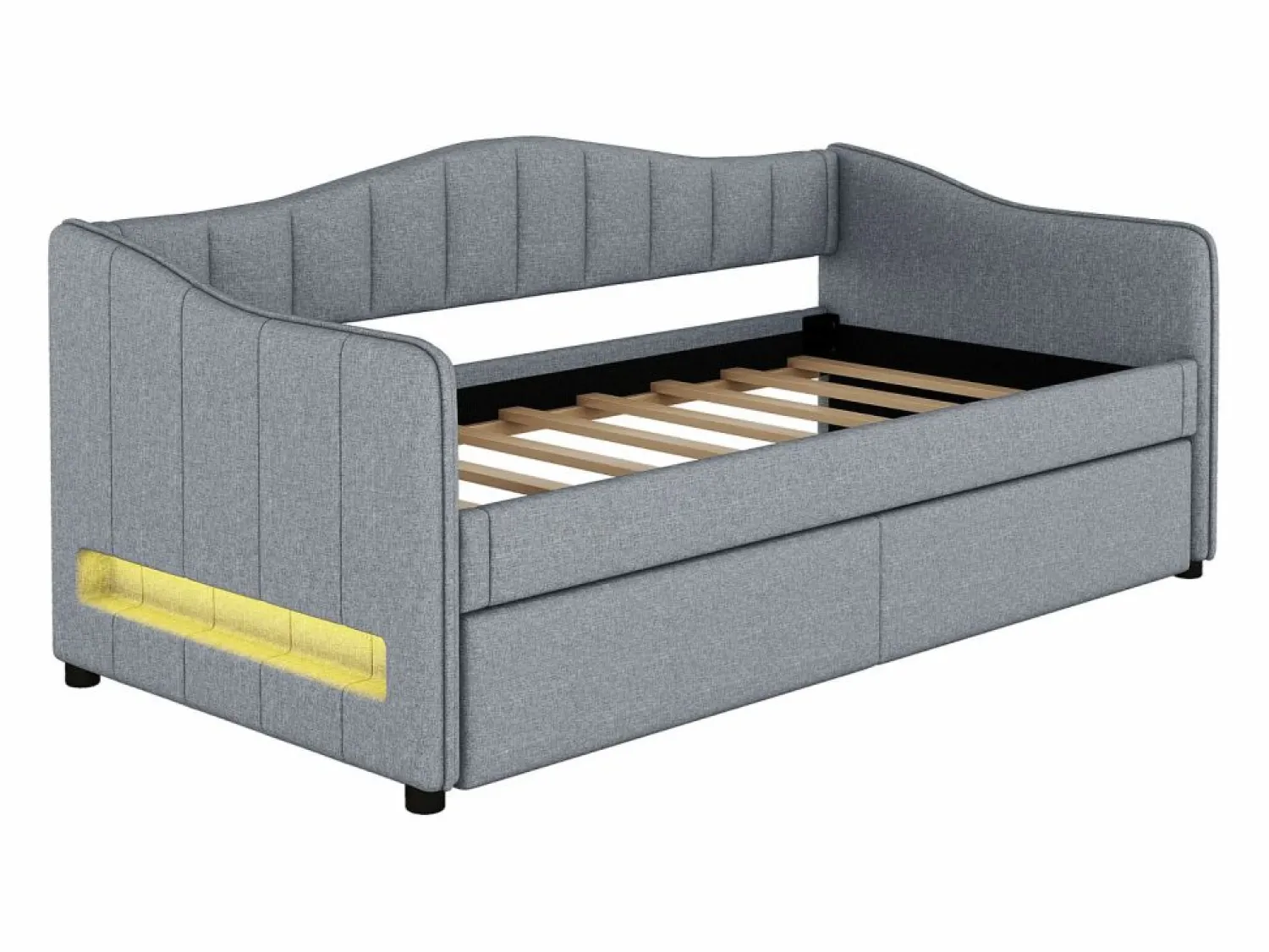 Sale ModernLuxe Diván cama con LED 90x200cm + cama nido 90x190cm - tapizado en tela de lino - (colchón no incluido) Gris