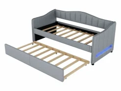 Sale ModernLuxe Diván cama con LED 90x200cm + cama nido 90x190cm - tapizado en tela de lino - (colchón no incluido) Gris
