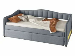 Sale ModernLuxe Diván cama con LED 90x200cm + cama nido 90x190cm - tapizado en tela de lino - (colchón no incluido) Gris
