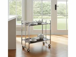 Don Hierro - Carrito auxiliar plegable BAUHAUS cromado con ruedas – 2 niveles y 4 posiciones- Color natural oscuro