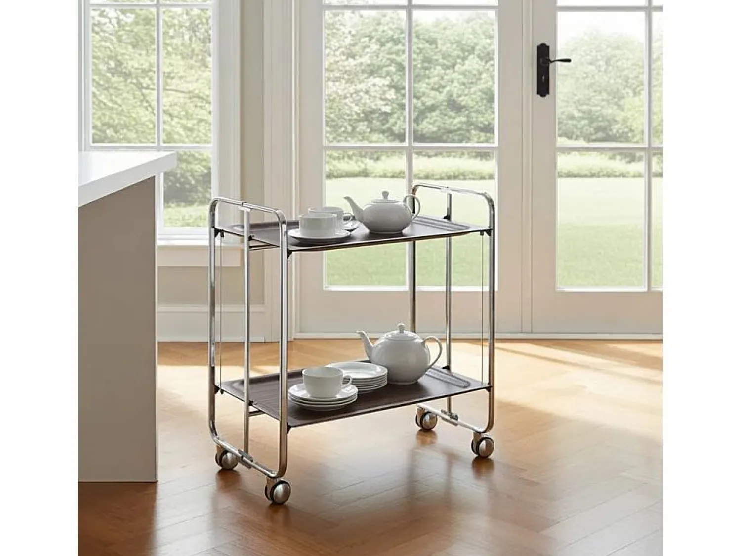 Don Hierro - Carrito auxiliar plegable BAUHAUS cromado con ruedas – 2 niveles y 4 posiciones- Color natural oscuro