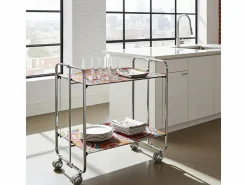 Clearance - Carrito auxiliar plegable BAUHAUS cromado con ruedas – 2 niveles y 4 posiciones- Mueble Camarera