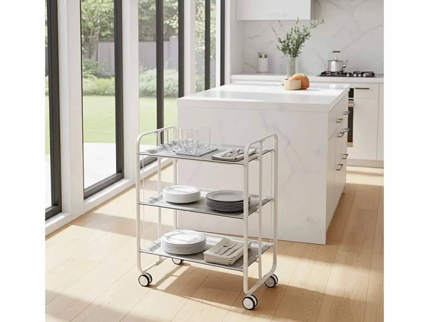 Sale - Carrito auxiliar plegable BAUHAUS blanco con ruedas – 3 niveles y 3 posiciones- Mueble Camarera