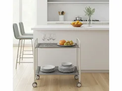 Don Hierro - Carrito auxiliar plegable BAUHAUS con ruedas - Armazón metálico blanco, 2 niveles y 4 posiciones ajustables-Pino envejecido