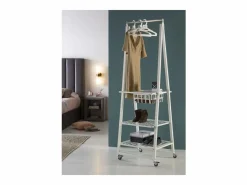 Hot Don Hierro - Perchero Metálico con Ruedas URBAN - 3 Estanterías Amplias y Cesta para Accesorios- Blanco