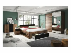 Discount Meublorama Dormitorio EOS: Armario, Cama 180x200, cómoda, mesitas de noche. Color roble oscuro y negro. Negro / Color natural oscuro