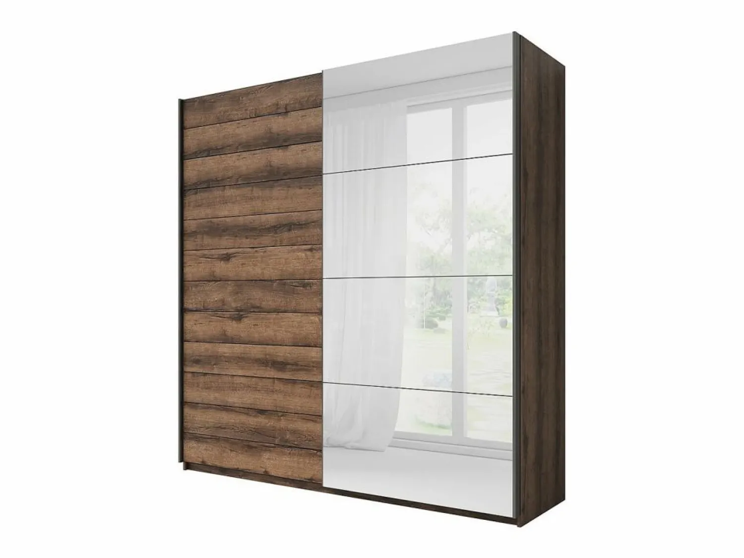 Meublorama Dormitorio EOS: Armario de 2 metros, Cama de 180x200, cómoda, mesitas de noche. Color roble oscuro y negro.