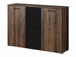 Meublorama Dormitorio EOS: Armario de 2 metros, Cama de 180x200, cómoda, mesitas de noche. Color roble oscuro y negro.