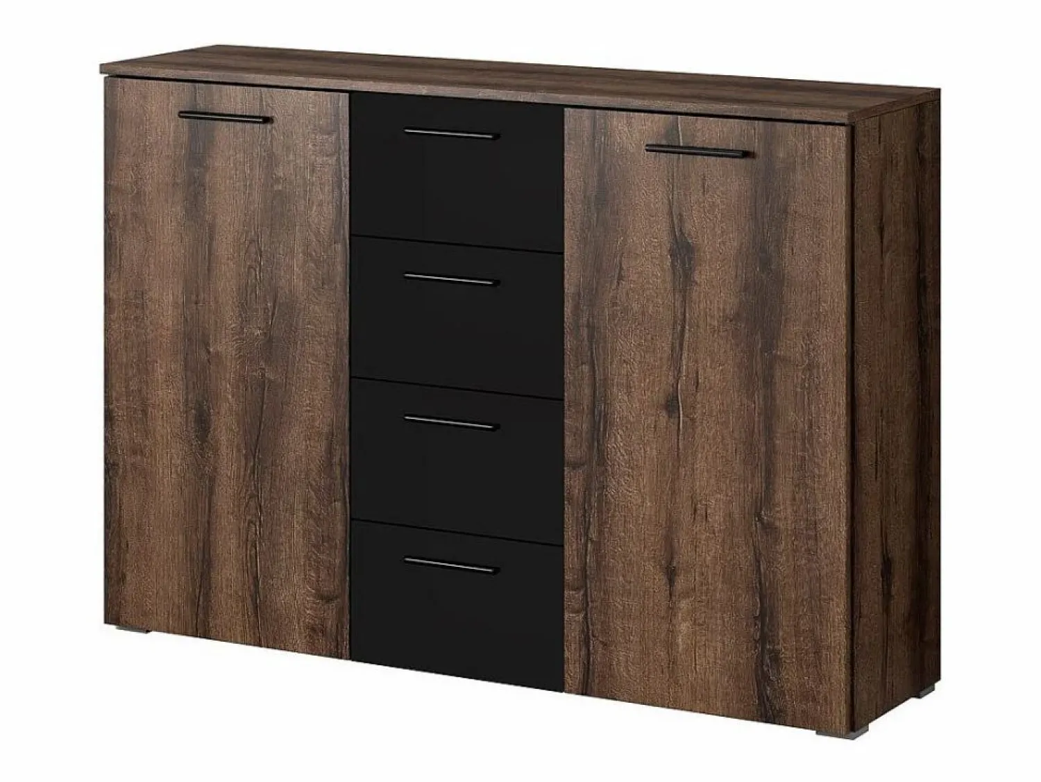 Meublorama Dormitorio EOS: Armario de 2 metros, Cama de 180x200, cómoda, mesitas de noche. Color roble oscuro y negro.