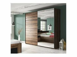Meublorama Dormitorio EOS: Armario de 2 metros, Cama de 180x200, cómoda, mesitas de noche. Color roble oscuro y negro.