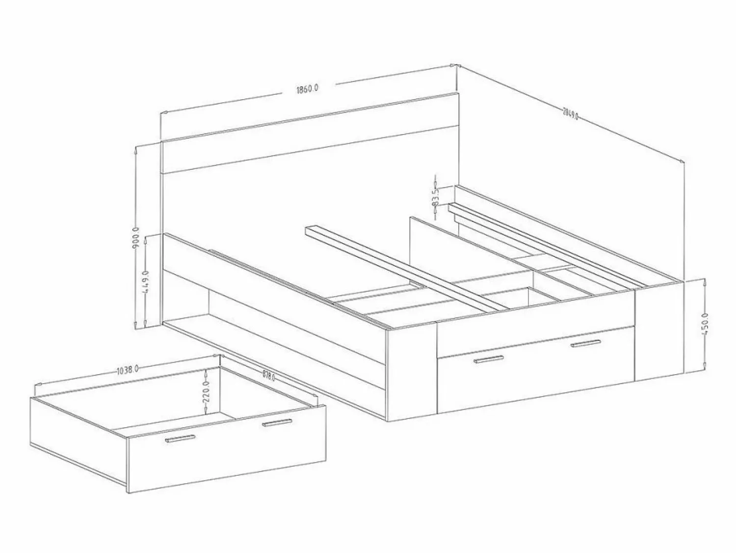 Meublorama Dormitorio EOS: Armario de 2 metros, Cama de 180x200, cómoda, mesitas de noche. Color roble oscuro y negro.