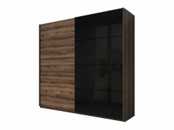 Meublorama Dormitorio FLOYD: Armario 220cm, Cama 160x200, cómoda, mesitas de noche. Color roble oscuro y negro brillante.