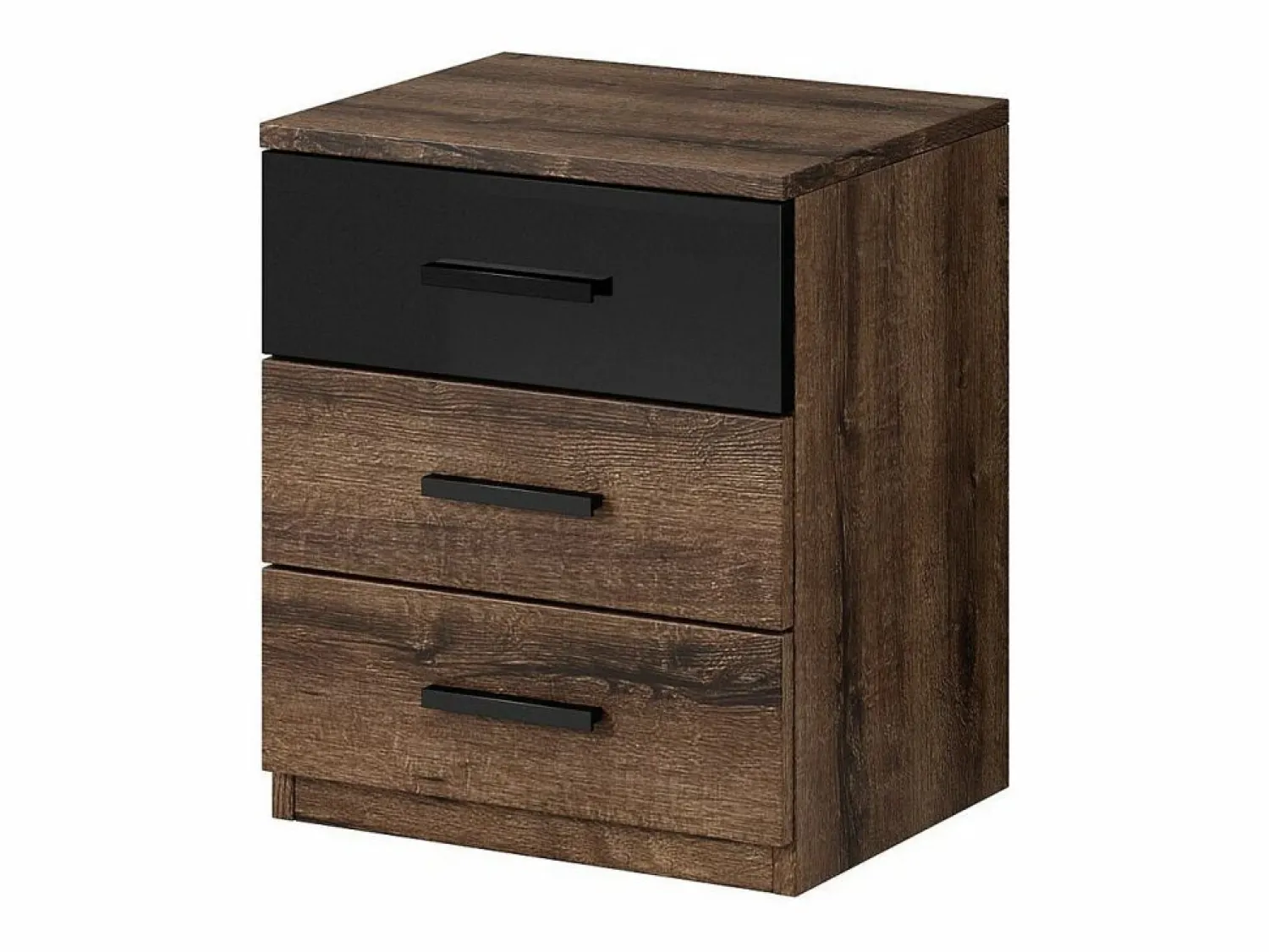 Meublorama Dormitorio FLOYD: Armario de 200 cm, Cama de 180x200, cómoda, mesitas de noche. Color roble oscuro y negro brillante.