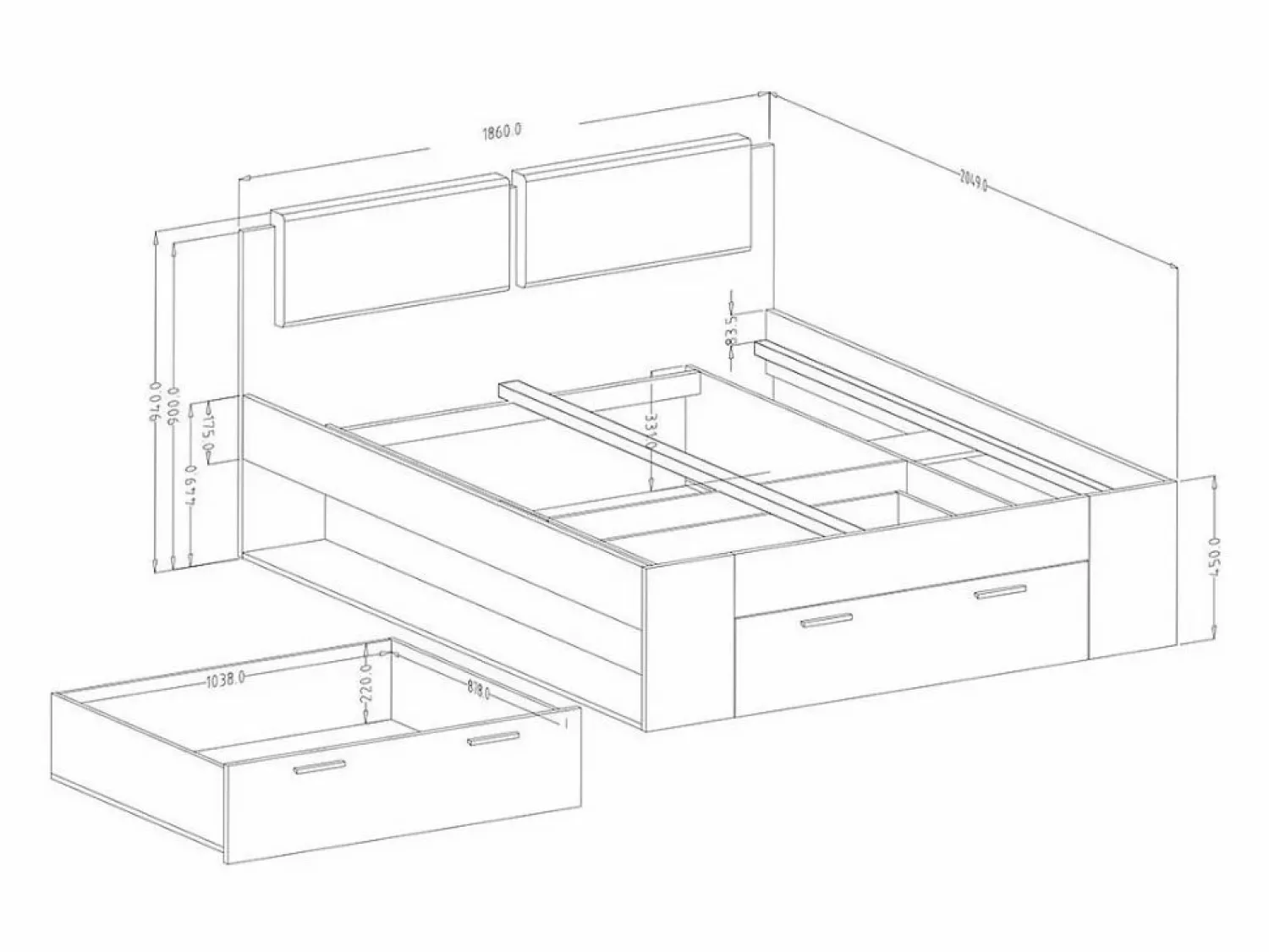 Meublorama Dormitorio FLOYD: Armario de 200 cm, Cama de 180x200, cómoda, mesitas de noche. Color roble oscuro y negro brillante.