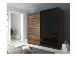 Meublorama Dormitorio FLOYD: Armario de 200 cm, Cama de 180x200, cómoda, mesitas de noche. Color roble oscuro y negro brillante.