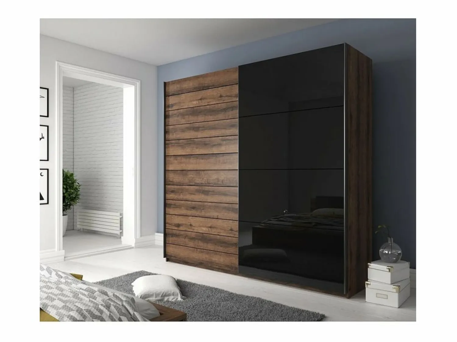 Meublorama Dormitorio FLOYD: Armario de 200 cm, Cama de 180x200, cómoda, mesitas de noche. Color roble oscuro y negro brillante.