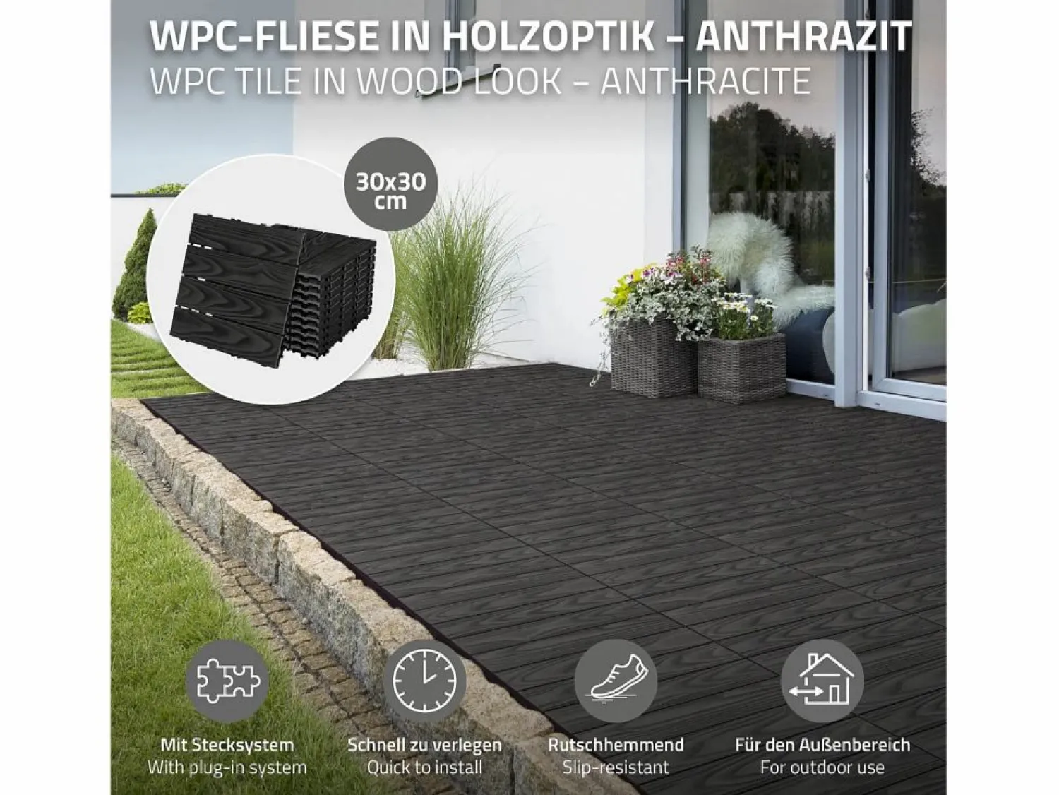 Discount ECD Germany Baldosas para exterior de WPC antracita 30x30cm efecto madera 22 piezas para 2m² con sistema clic, losas para terraza, balcón o patio Terraza