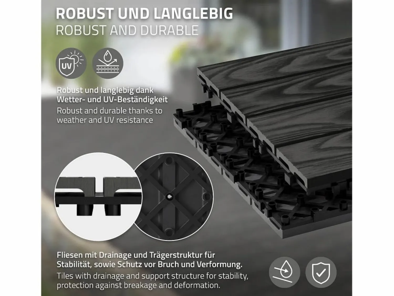 Discount ECD Germany Baldosas para exterior de WPC antracita 30x30cm efecto madera 22 piezas para 2m² con sistema clic, losas para terraza, balcón o patio Terraza