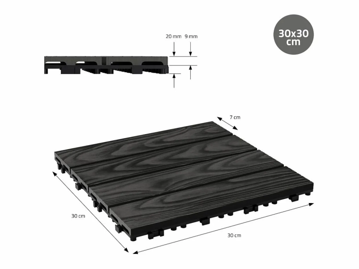 Discount ECD Germany Baldosas para exterior de WPC antracita 30x30cm efecto madera 22 piezas para 2m² con sistema clic, losas para terraza, balcón o patio Terraza